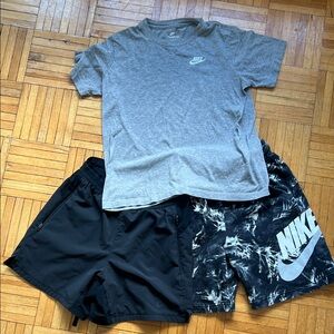 Nike Gray Tee with Black Dri fit Shorts and Tie-Dye Shorts all Nike